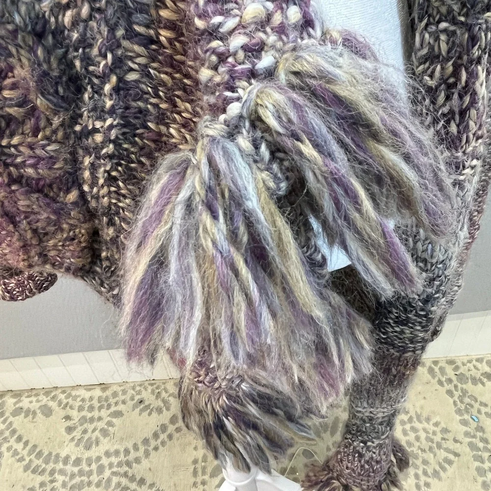 Lucky‎ Brand Womens Purple Chunky Knit Fringe Longline Cardigan Duster Boho Sz M